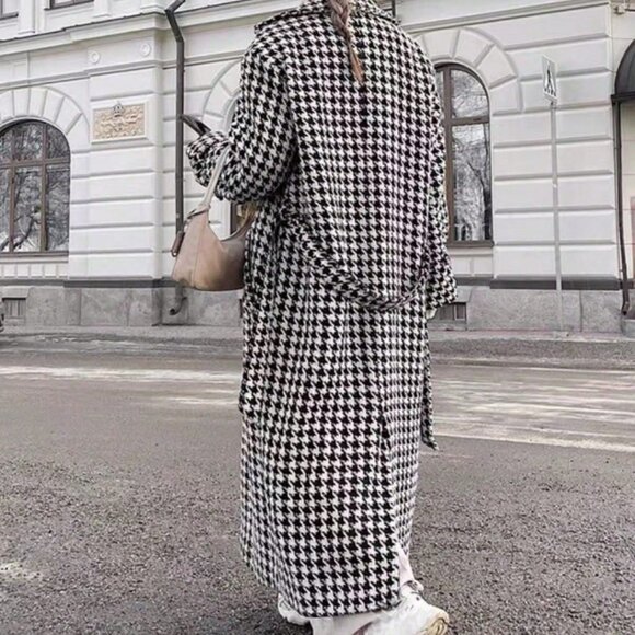 Black And White Elegant Women's houndstooth belted long Coat jacket - Picture 2 of 6